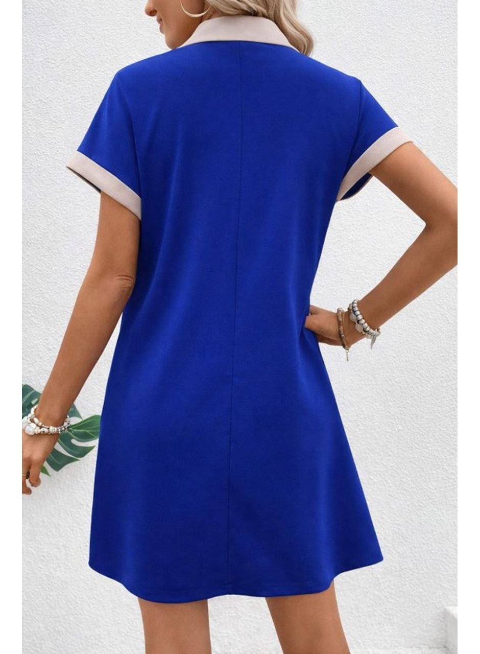 Kadın Kısa Kollu V Yakalı Onden şerit Detaylı Yakalı Kısa Janjan Krep Elbise