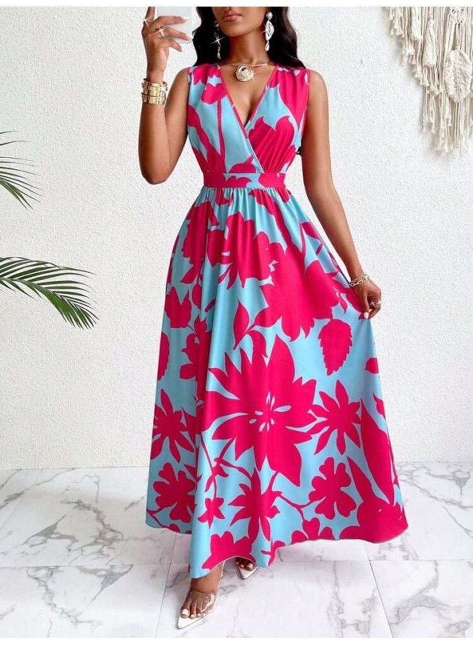 Kadın Askılı Kruvaze Yakalı çiçek Desenli Uzun Süprem Elbise