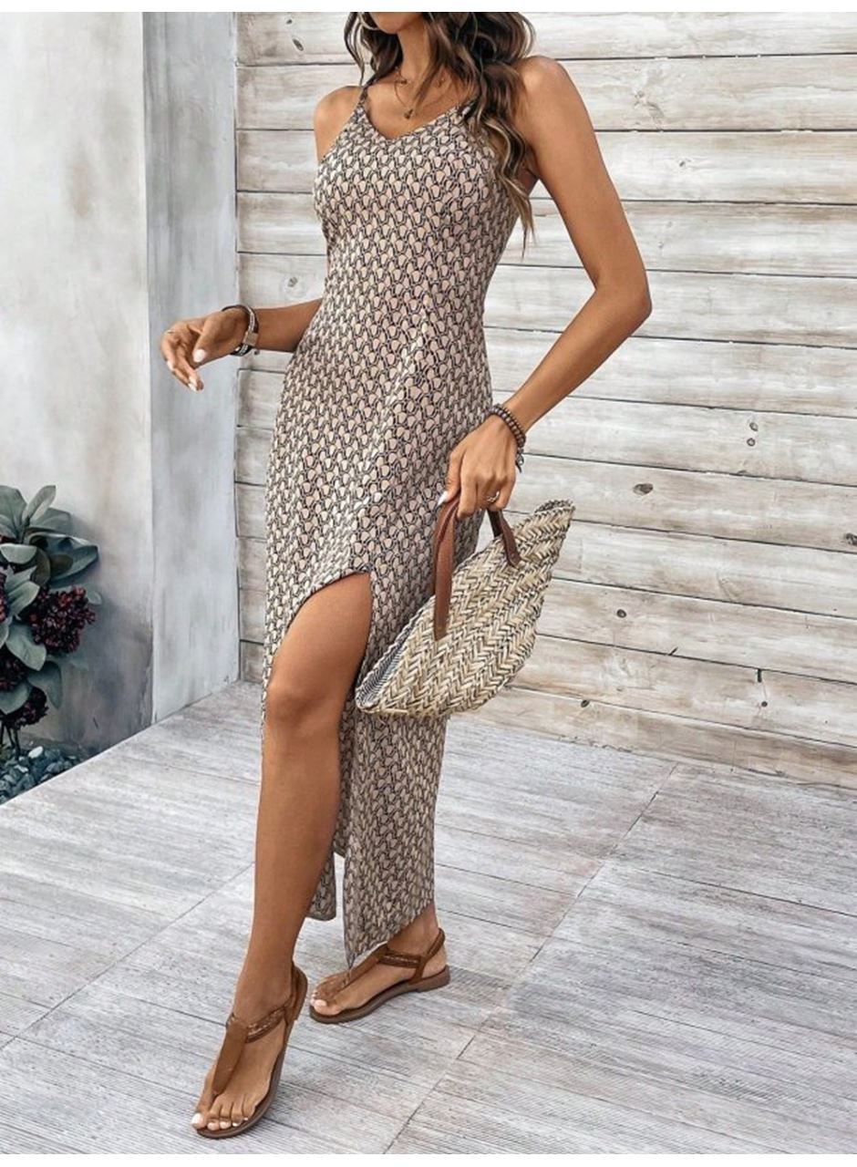 Kadın Ip Askılı V Yakalı Yırtmaçlı Uzun Süprem Elbise