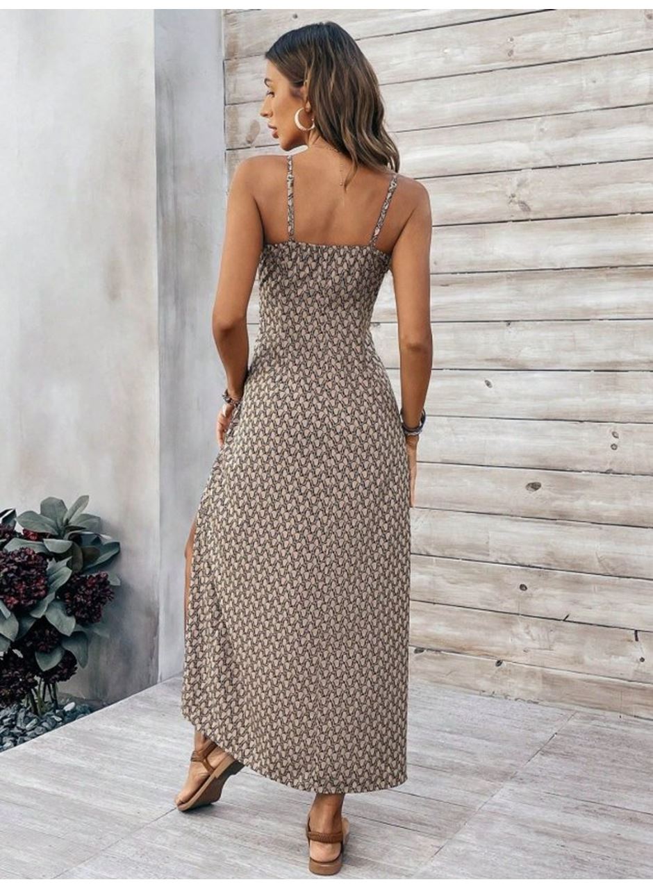 Kadın Ip Askılı V Yakalı Yırtmaçlı Uzun Süprem Elbise