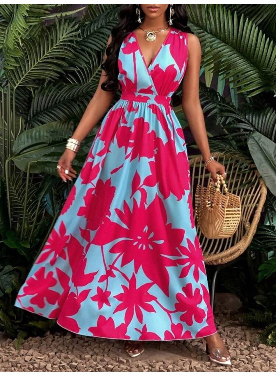 Kadın Askılı Kruvaze Yakalı çiçek Desenli Uzun Süprem Elbise