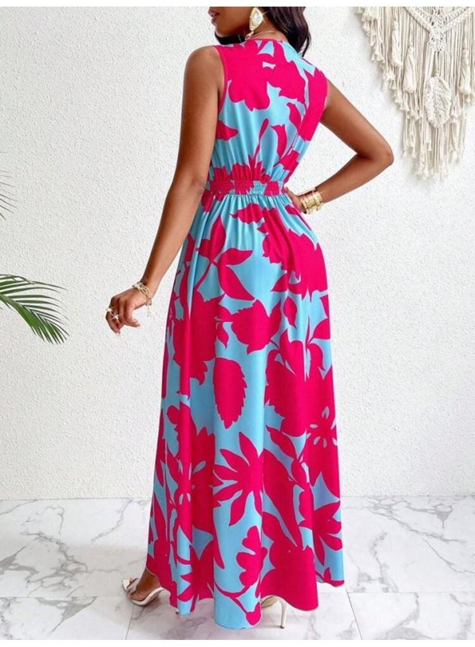 Kadın Askılı Kruvaze Yakalı çiçek Desenli Uzun Süprem Elbise