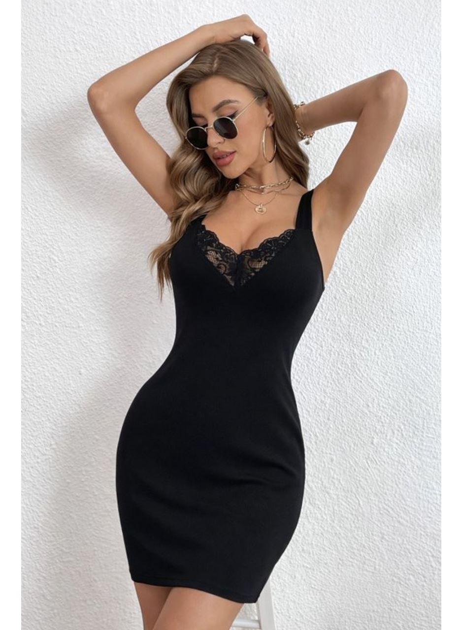 Kadın Askılı V Dantel Yakalı Kısa Dalgıç Elbise