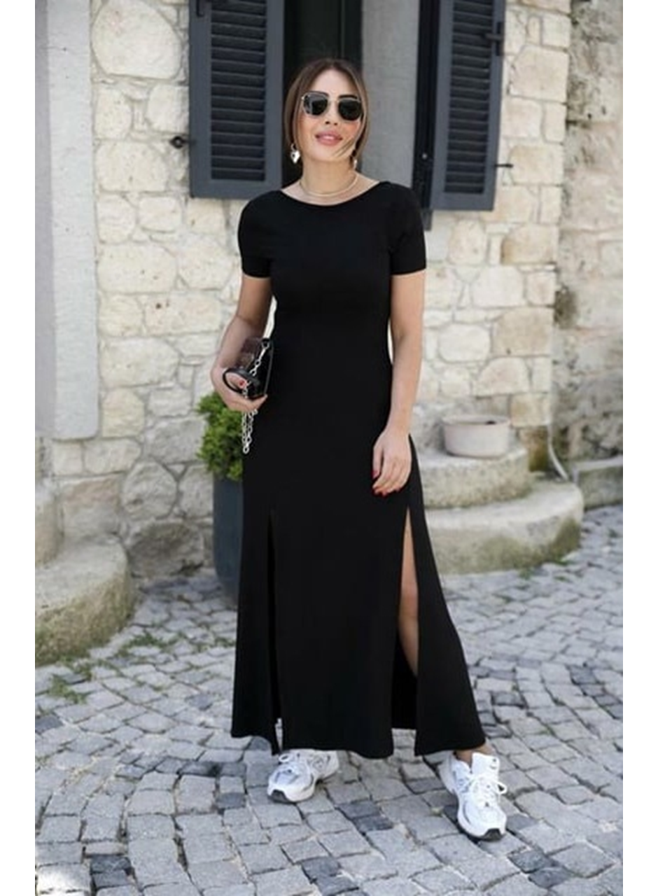 Kadın Kısa Kollu Sırt Dekolteli Yırtmaç Detaylı Viskon Elbise