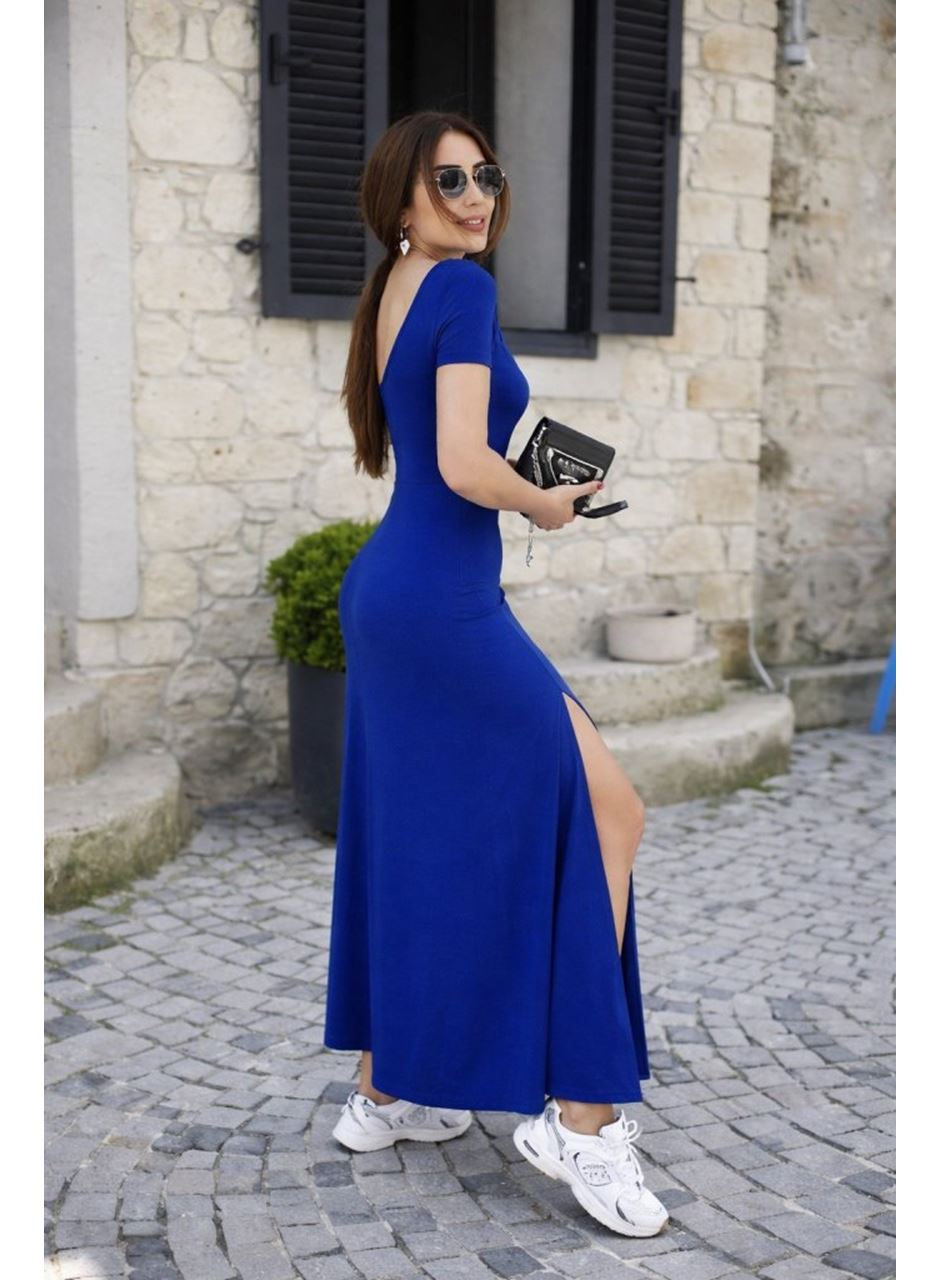 Kadın Kısa Kollu Sırt Dekolteli Yırtmaç Detaylı Viskon Elbise