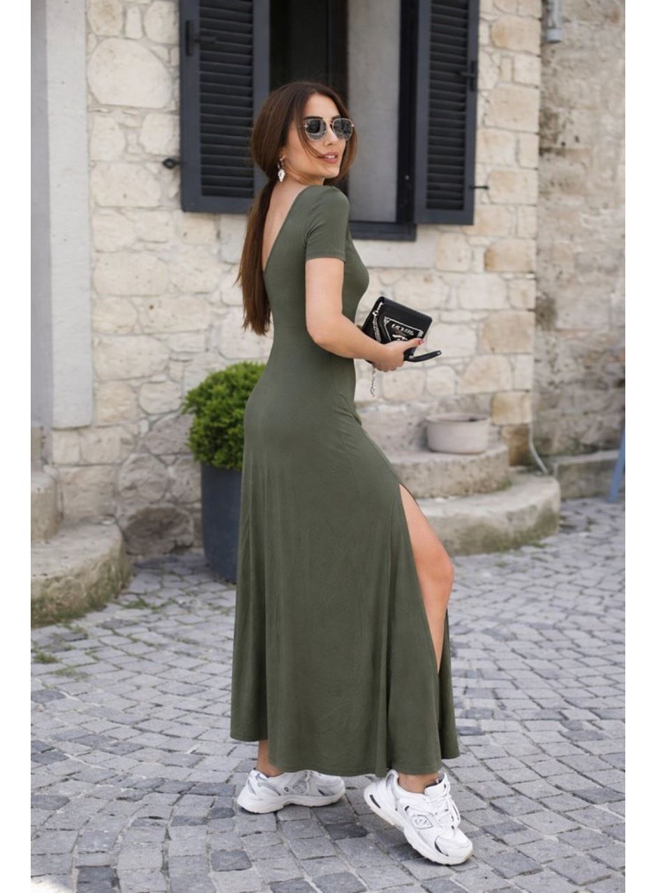 Kadın Kısa Kollu Sırt Dekolteli Yırtmaç Detaylı Viskon Elbise