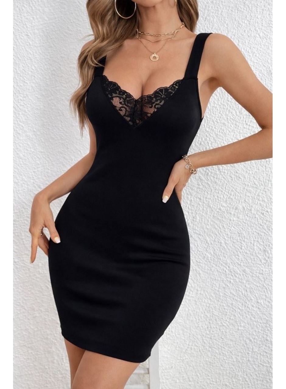 Kadın Askılı V Dantel Yakalı Kısa Dalgıç Elbise