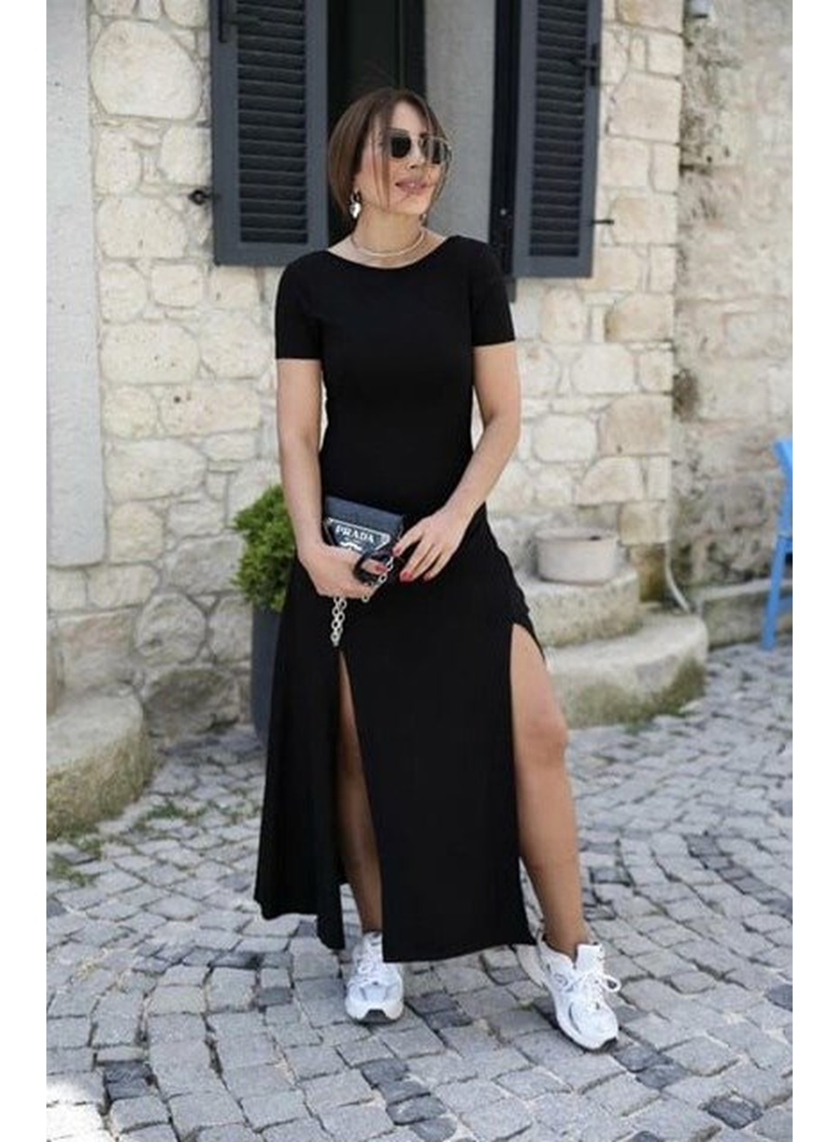 Kadın Kısa Kollu Sırt Dekolteli Yırtmaç Detaylı Viskon Elbise