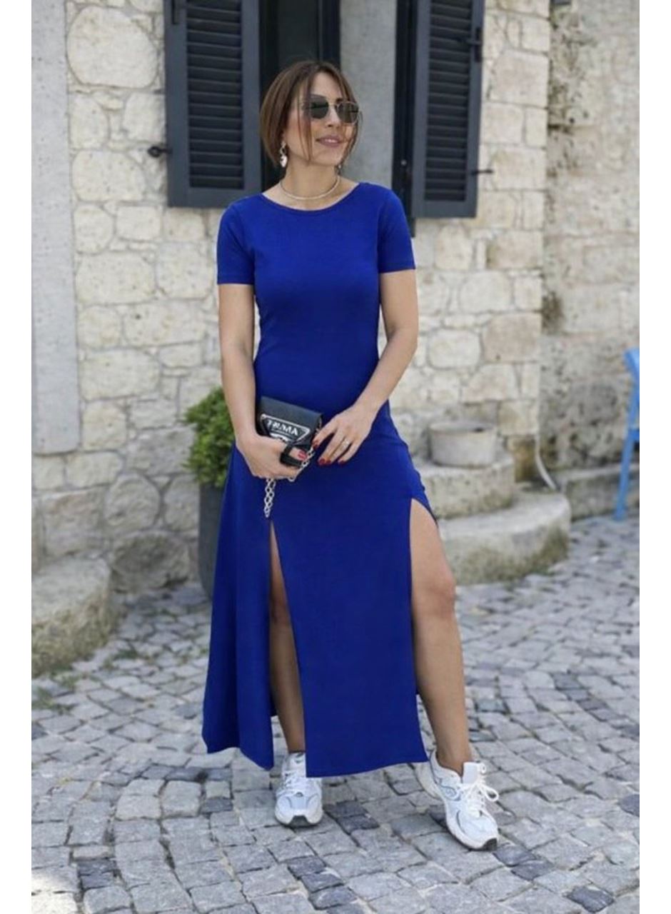 Kadın Kısa Kollu Sırt Dekolteli Yırtmaç Detaylı Viskon Elbise