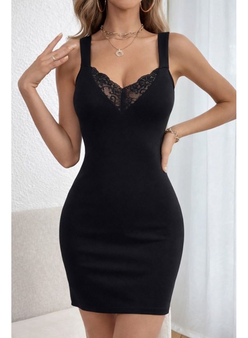 Kadın Askılı V Dantel Yakalı Kısa Dalgıç Elbise