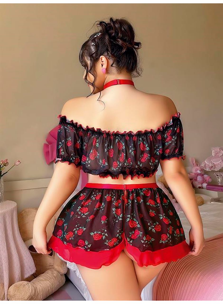 Büyük Beden Siyah Üstüne Gül Desenli Fantezi Etekli Büstiyer Takımı