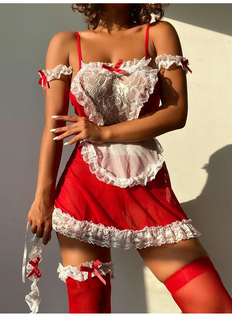 Fiyonk Detaylı Kırmızı Fantezi Hizmetçi Kostümü