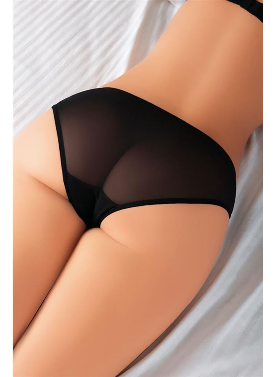 Güpürlü Taşlı Siyah Tül Fantezi Külot