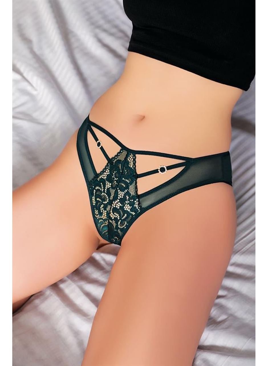 Koyu Yeşil Dantelli Metal Aksesuarlı Fantezi Külot