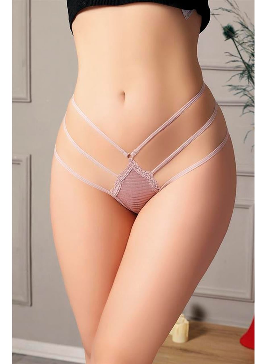 Pudra Yanları İp Detaylı Fantezi Tanga String