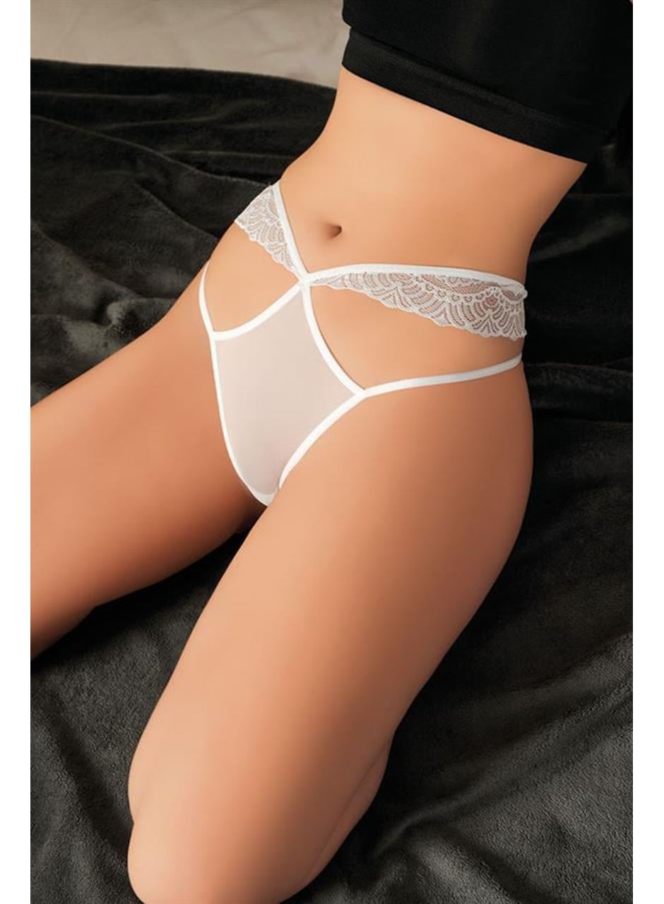 Beyaz Dantelli İp Detaylı Fantezi String Tanga