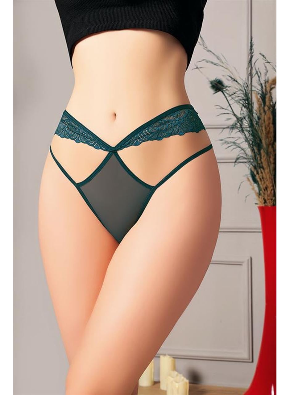 Yeşil Dantelli İp Detaylı Fantezi String Tanga