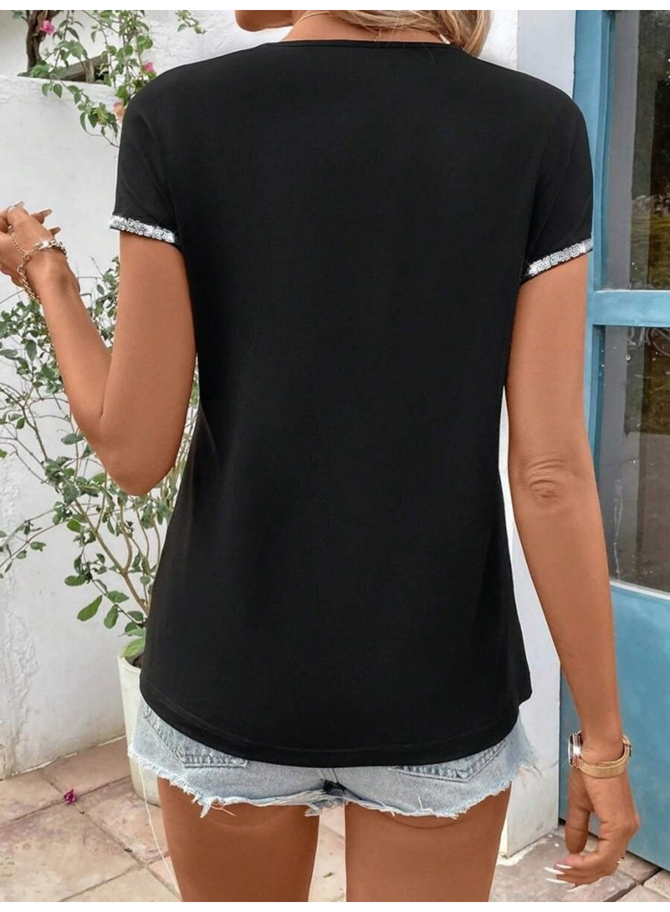 Kadın Kısa Kollu önden Fermuarlı Kol Ucu ışıltılı Viskon Bluz