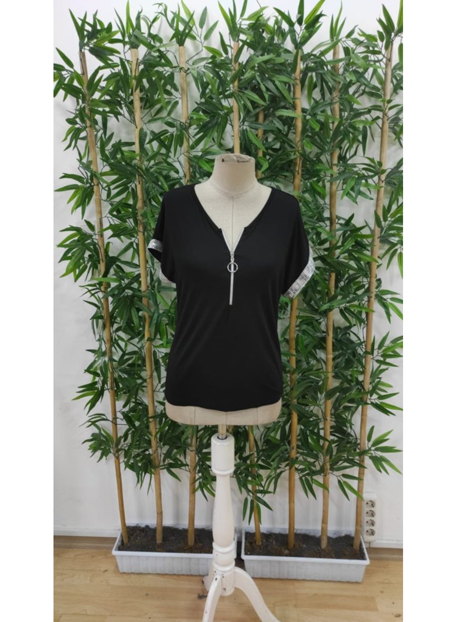 Kadın Kısa Kollu önden Fermuarlı Kol Ucu ışıltılı Viskon Bluz