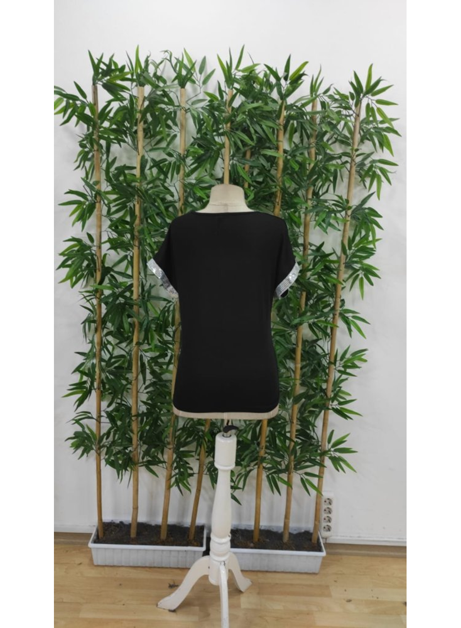 Kadın Kısa Kollu önden Fermuarlı Kol Ucu ışıltılı Viskon Bluz