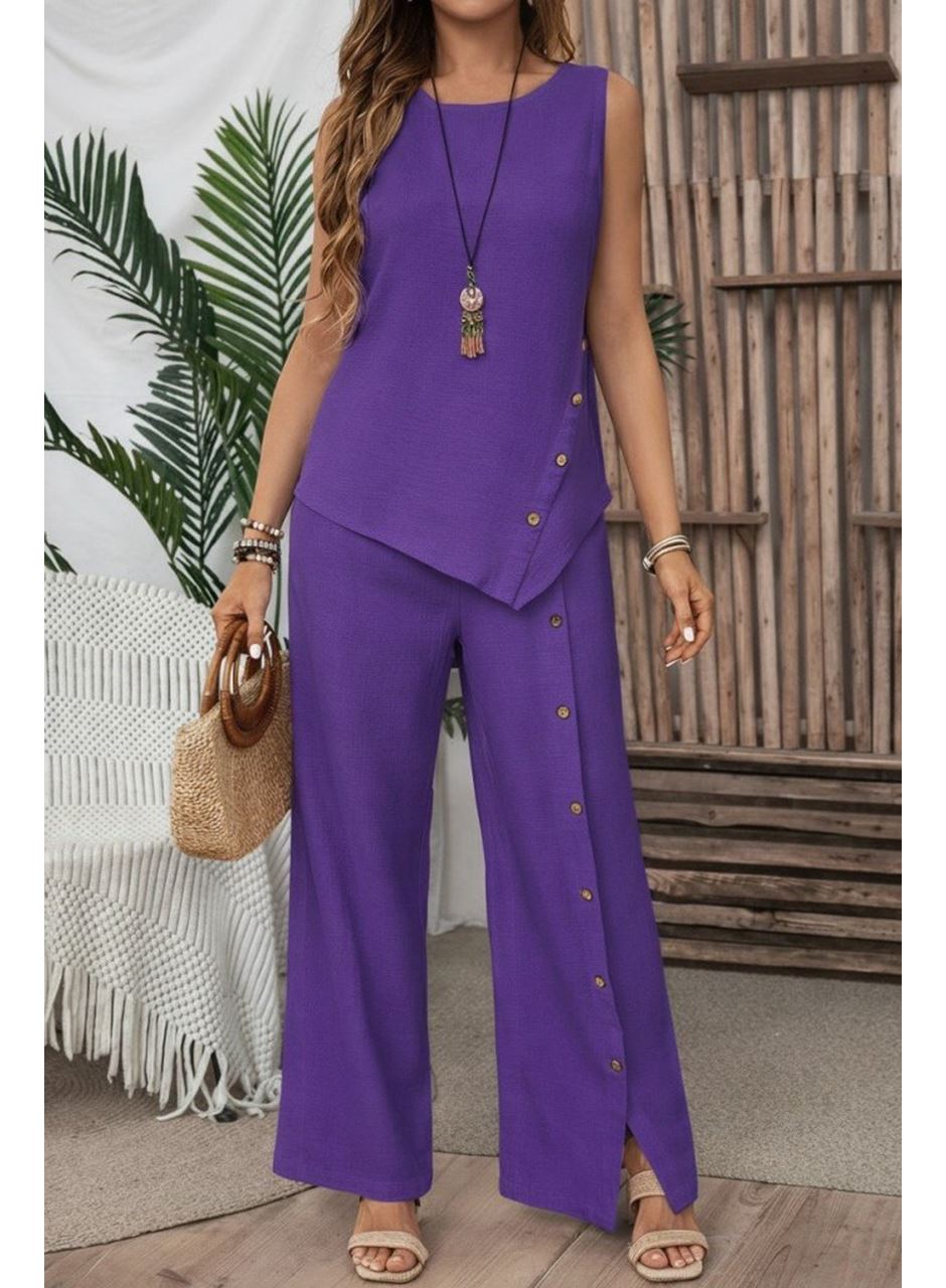 Kadın Askılı Yuvarlak Yakalı önü Asimetrik Detaylı Düğmeli Aerobin Bluz Ve Pantolon Ikili Takım