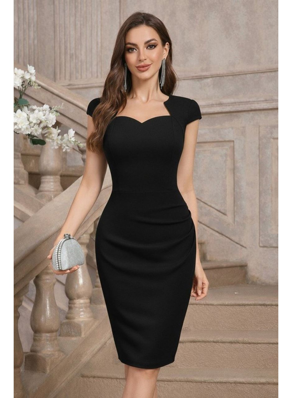 Kadın Kısa Kollu Yakası Asimetrik Kısa Ithal Krep Elbise