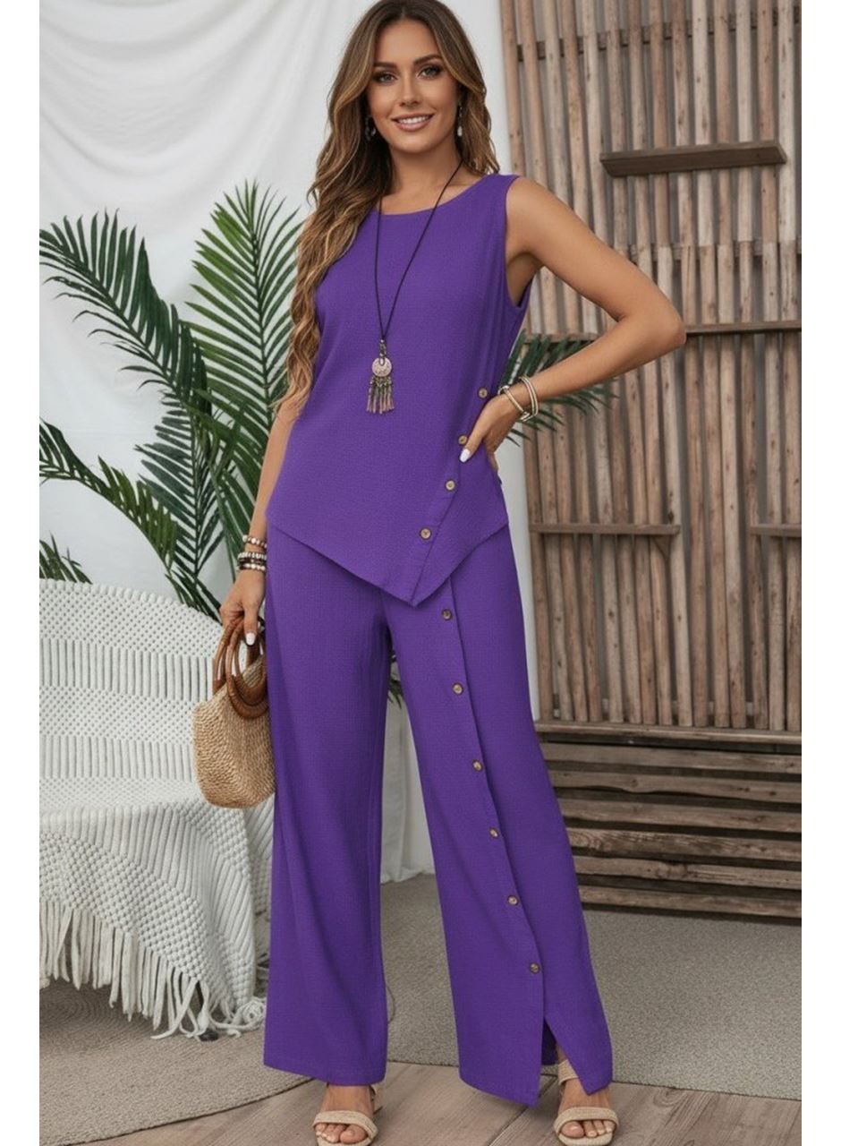Kadın Askılı Yuvarlak Yakalı önü Asimetrik Detaylı Düğmeli Aerobin Bluz Ve Pantolon Ikili Takım