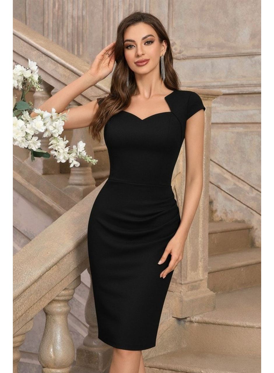 Kadın Kısa Kollu Yakası Asimetrik Kısa Ithal Krep Elbise