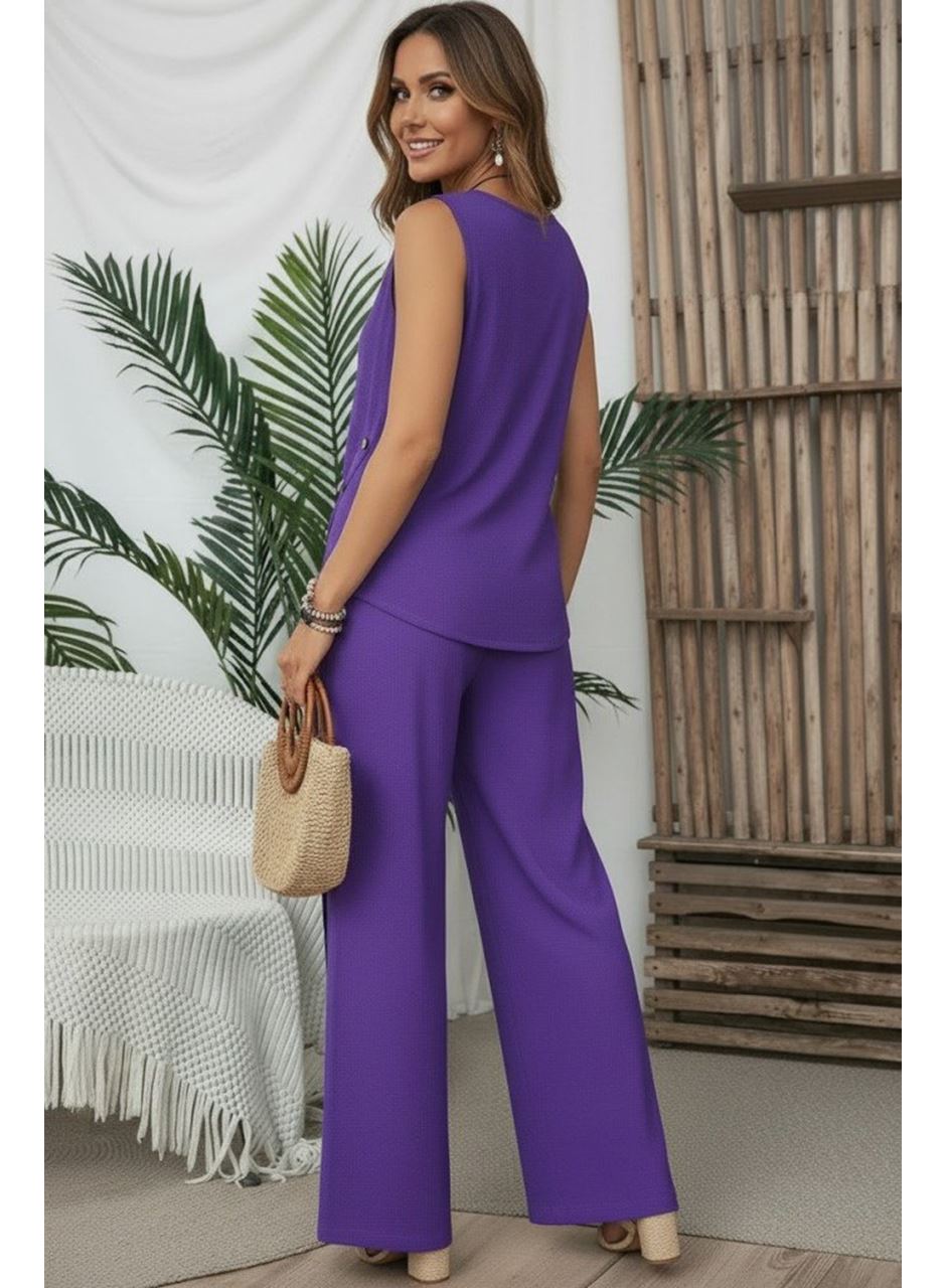 Kadın Askılı Yuvarlak Yakalı önü Asimetrik Detaylı Düğmeli Aerobin Bluz Ve Pantolon Ikili Takım