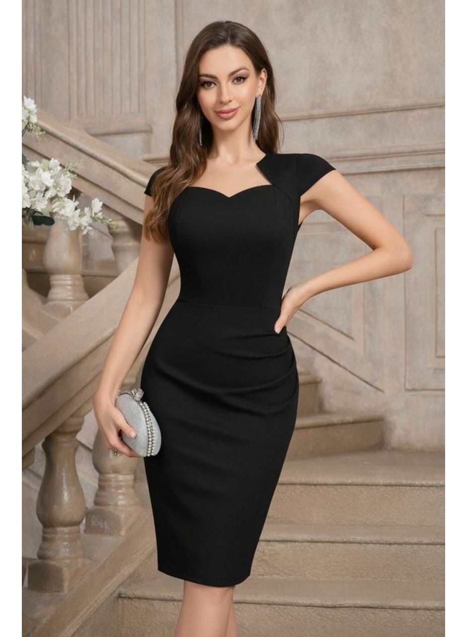 Kadın Kısa Kollu Yakası Asimetrik Kısa Ithal Krep Elbise