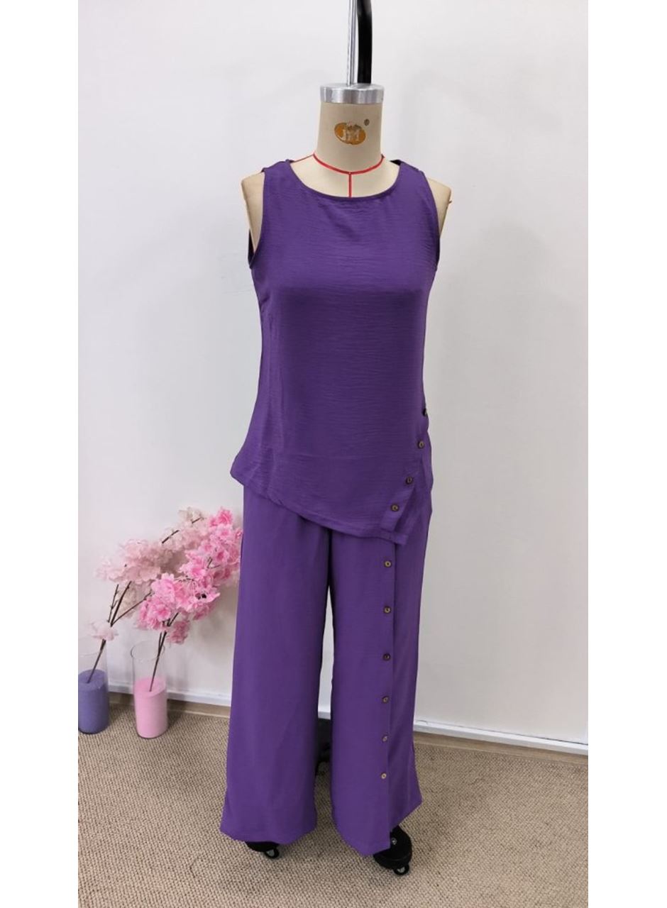 Kadın Askılı Yuvarlak Yakalı önü Asimetrik Detaylı Düğmeli Aerobin Bluz Ve Pantolon Ikili Takım