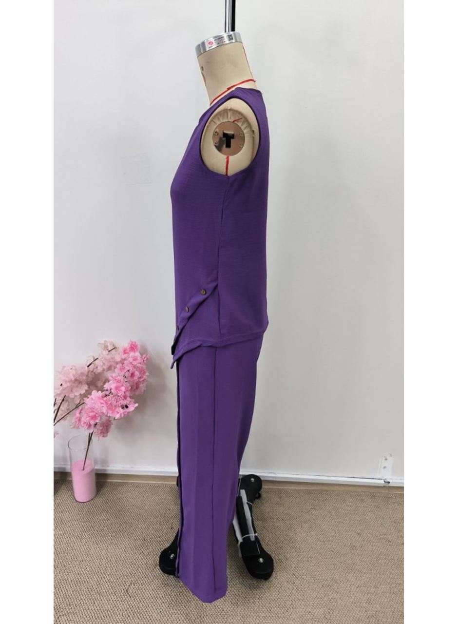 Kadın Askılı Yuvarlak Yakalı önü Asimetrik Detaylı Düğmeli Aerobin Bluz Ve Pantolon Ikili Takım