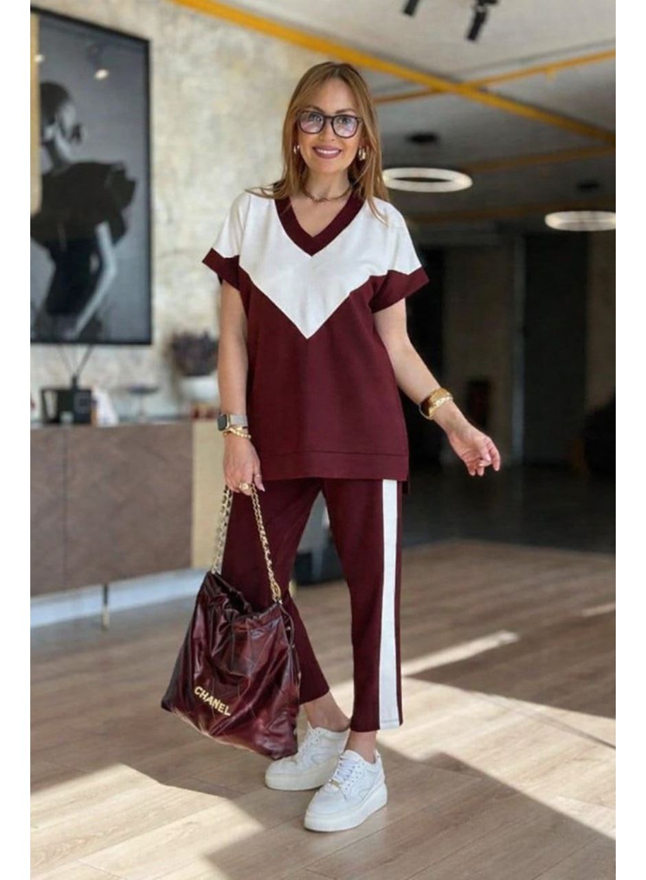 Kadın Kısa Kollu V Yakalı çift Renkli Viskon Iki Iplik Ikili Bluz Ve Pantolon Takım