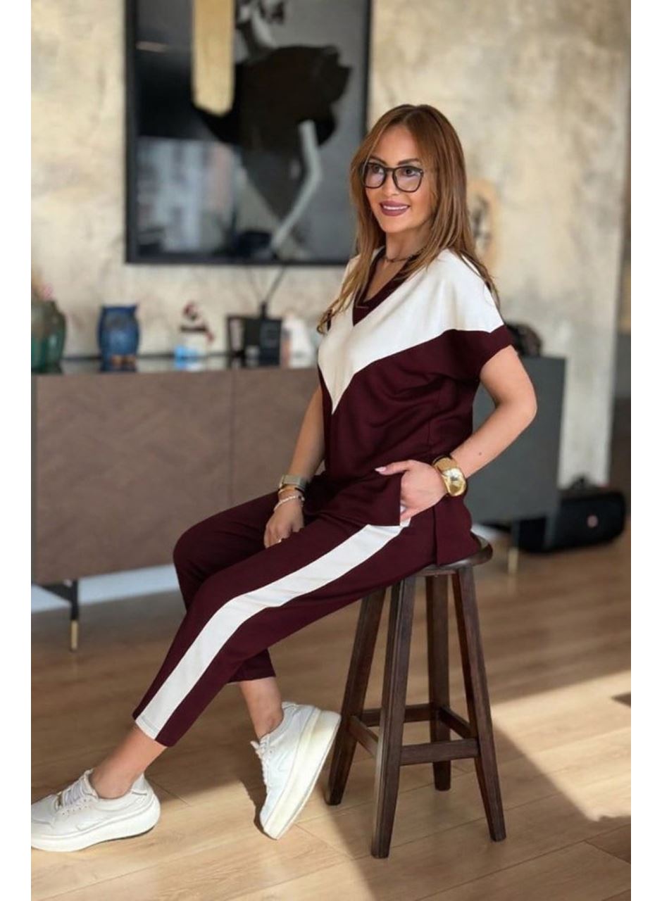 Kadın Kısa Kollu V Yakalı çift Renkli Viskon Iki Iplik Ikili Bluz Ve Pantolon Takım