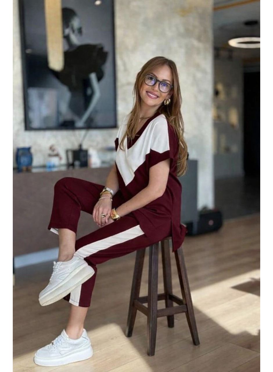 Kadın Kısa Kollu V Yakalı çift Renkli Viskon Iki Iplik Ikili Bluz Ve Pantolon Takım