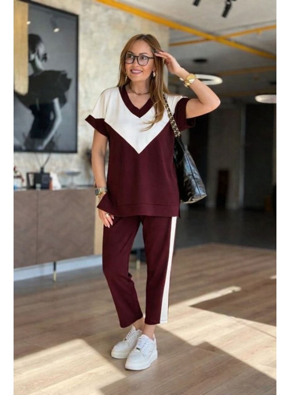 Kadın Kısa Kollu V Yakalı çift Renkli Viskon Iki Iplik Ikili Bluz Ve Pantolon Takım