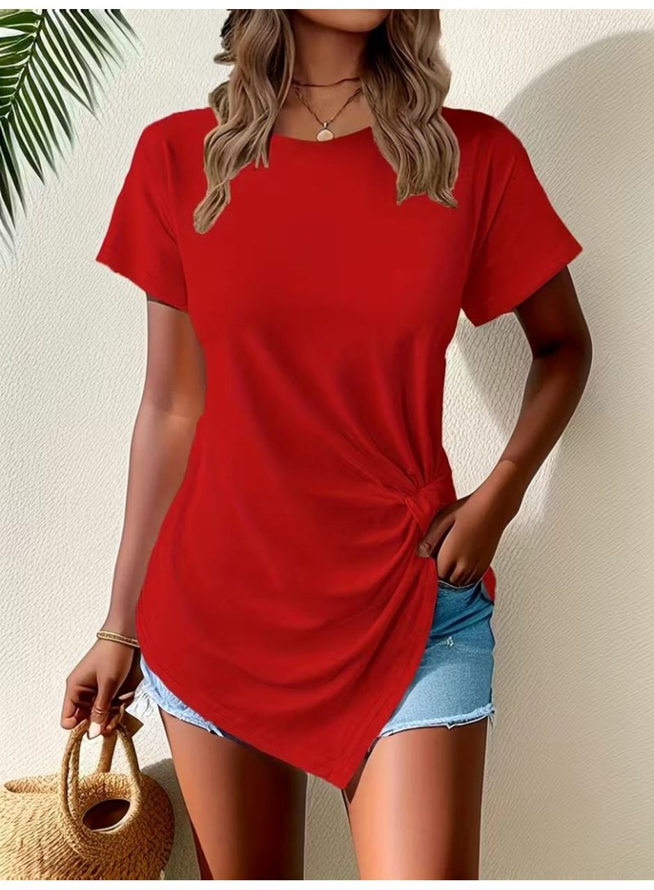 Kadın Kısa Kollu Bisiklet Yaka Asimetrik Kesim Detaylı Viskon Bluz