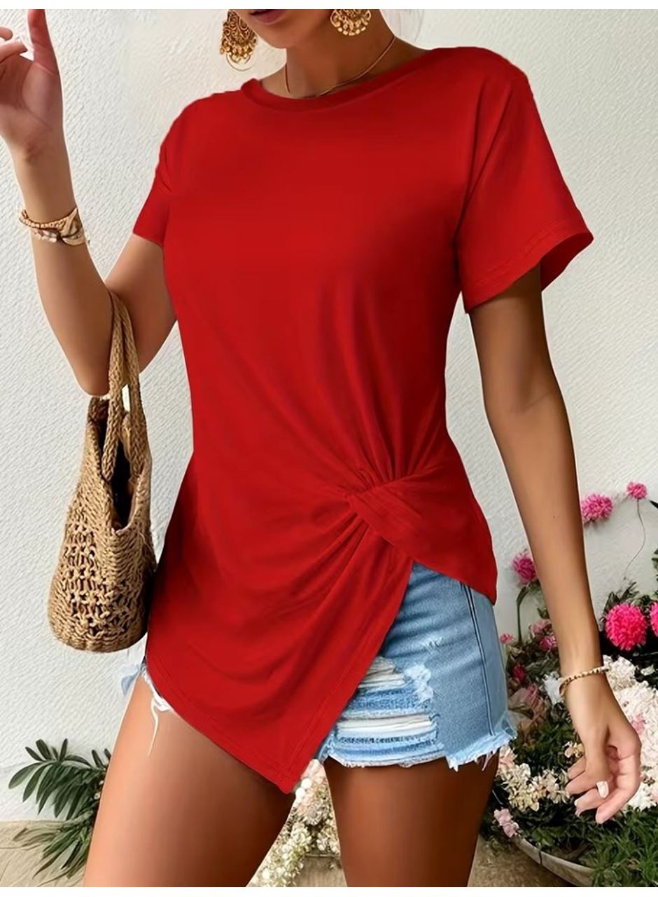 Kadın Kısa Kollu Bisiklet Yaka Asimetrik Kesim Detaylı Viskon Bluz