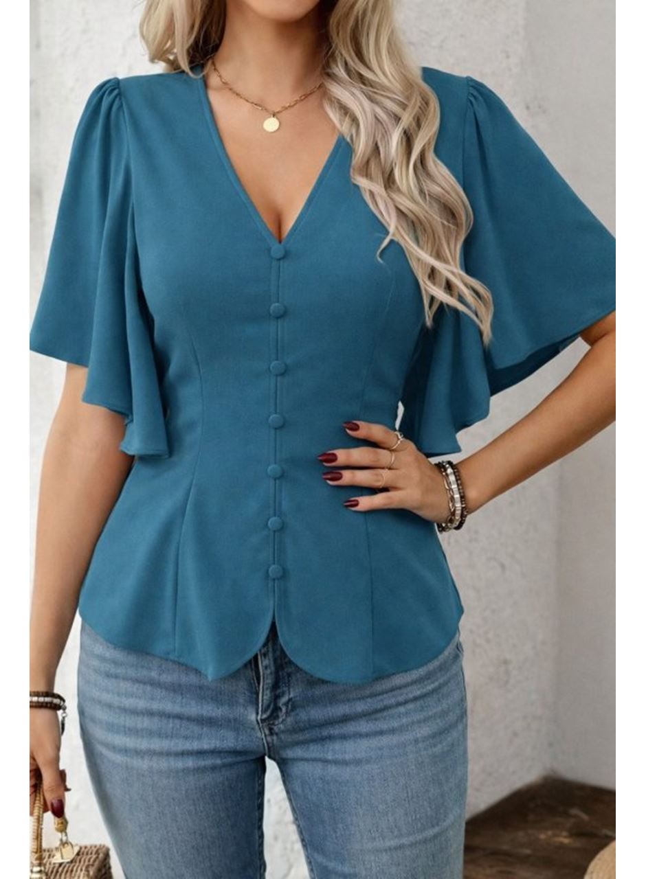 Kadın Kısa Kollu önden Düğmeli Ithal Krep Bluz