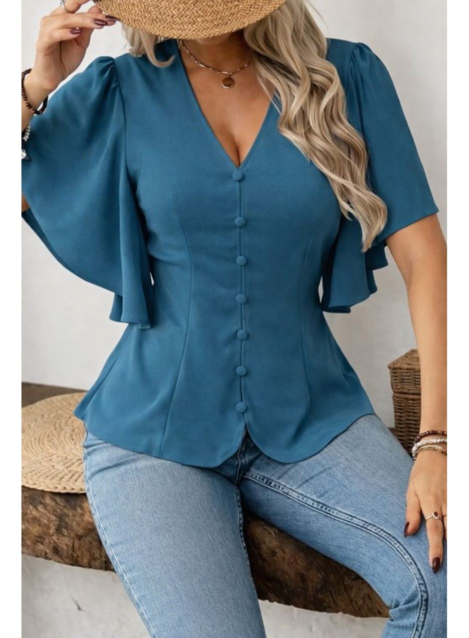 Kadın Kısa Kollu önden Düğmeli Ithal Krep Bluz