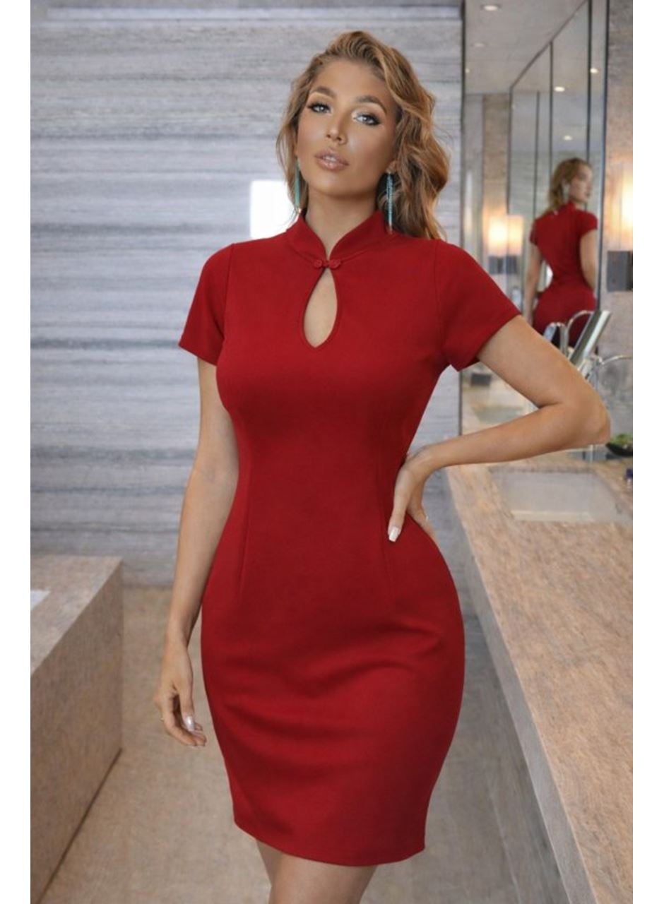 Kadın Kısa Kollu Damla Yaka Detaylı Yakası Bağcık Detaylı Kısa Ithal Krep Elbise