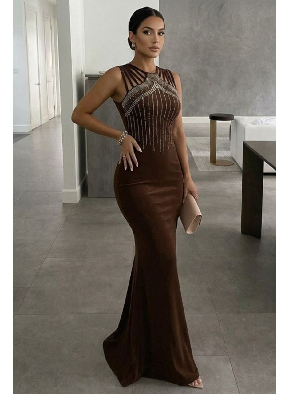 Kadın Omuz çoklu Askılı önü Taş Işlemeli Balık Kesim Janjan Krep Maxi Boy Elbise