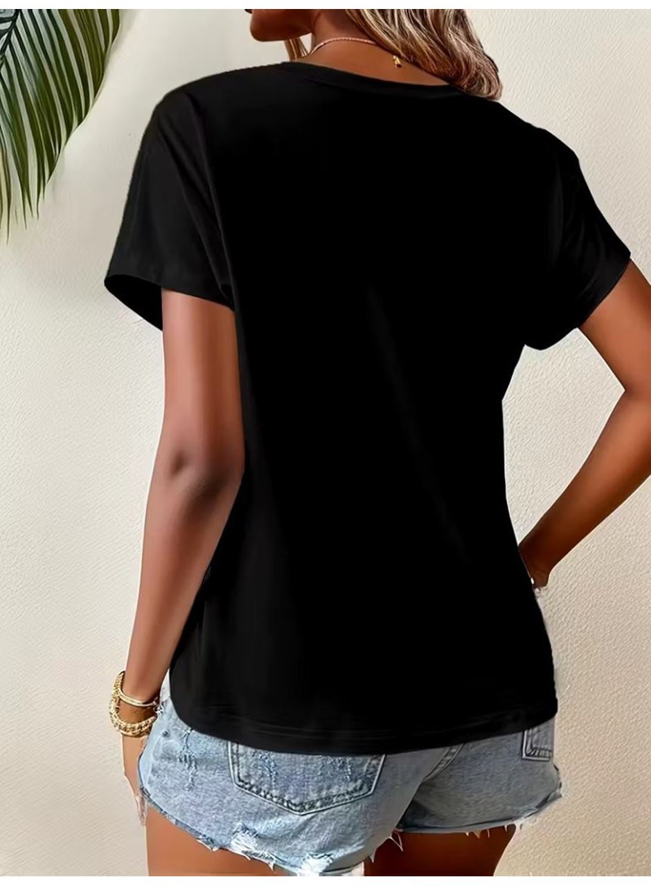 Kadın Kısa Kollu Bisiklet Yaka Asimetrik Kesim Detaylı Viskon Bluz