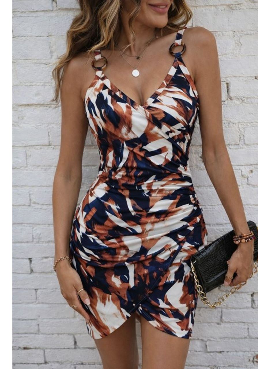 Kadın Askılı Halka Detaylı Kruvaze Yakalı Desenli Süprem Kısa Elbise