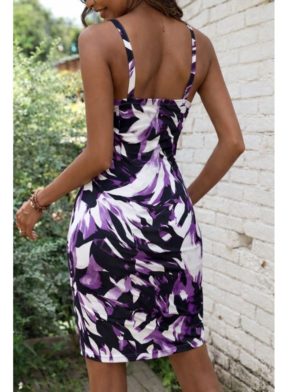 Kadın Askılı Halka Detaylı Kruvaze Yakalı Desenli Süprem Kısa Elbise