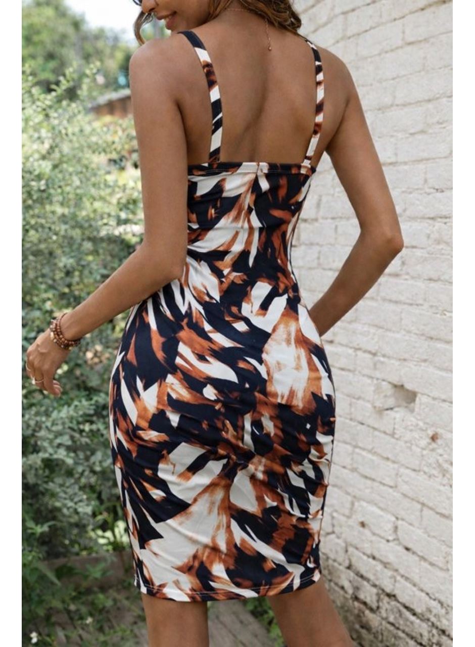 Kadın Askılı Halka Detaylı Kruvaze Yakalı Desenli Süprem Kısa Elbise