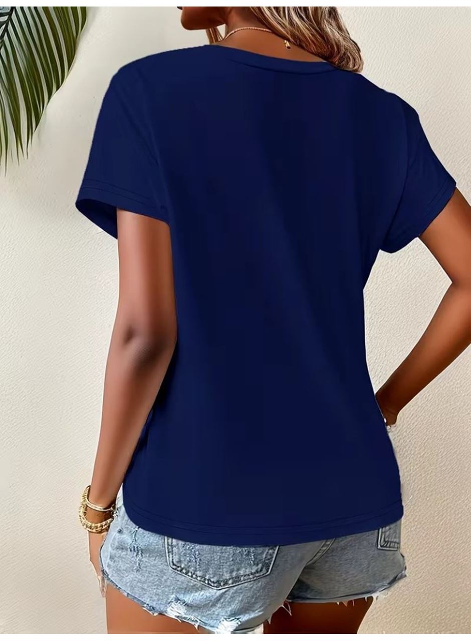 Kadın Kısa Kollu Bisiklet Yaka Asimetrik Kesim Detaylı Viskon Bluz