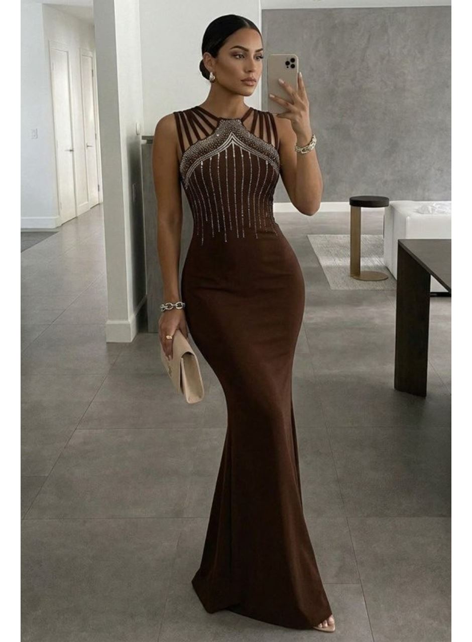 Kadın Omuz çoklu Askılı önü Taş Işlemeli Balık Kesim Janjan Krep Maxi Boy Elbise