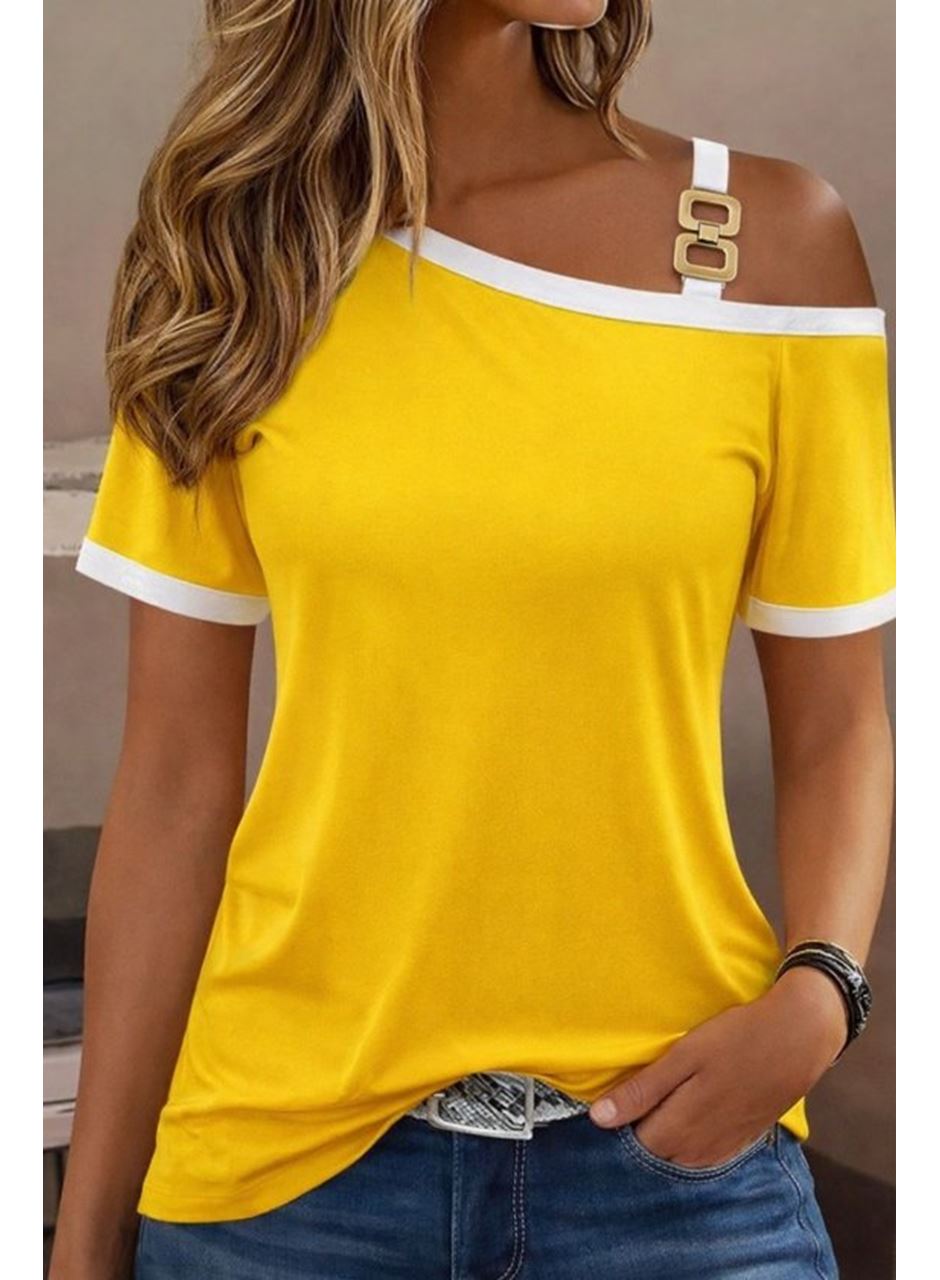 Kadın Kısa Kollu Tek Omuzu Açık Askı Toka Detaylı Viskon Bluz