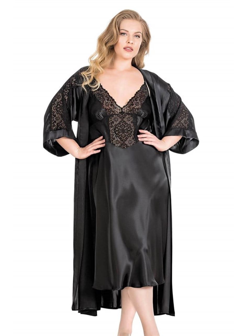 Büyük Beden Siyah Uzun İkili Saten Sabahlık Gecelik Takımı